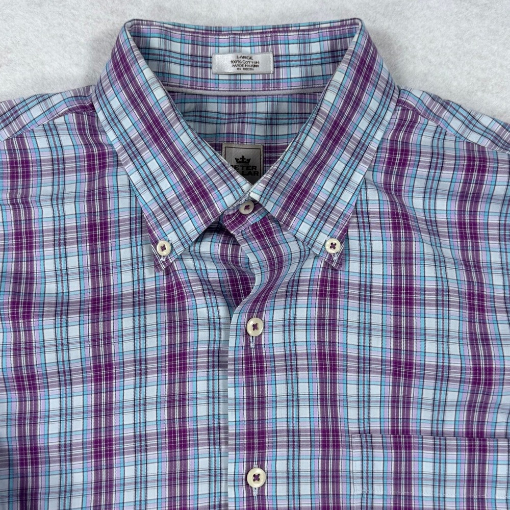 Peter Millar Men's Purple Teal Plaid‎ Button Down Shirt Long Sleeve Cotton Large